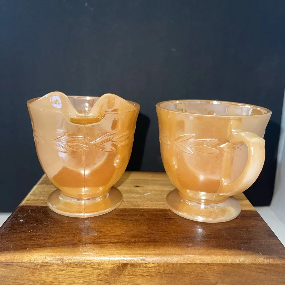 Fire King Oven Ware Peach Luster / Laurel Leaf Cream and Sugar Bowl Set Vintage